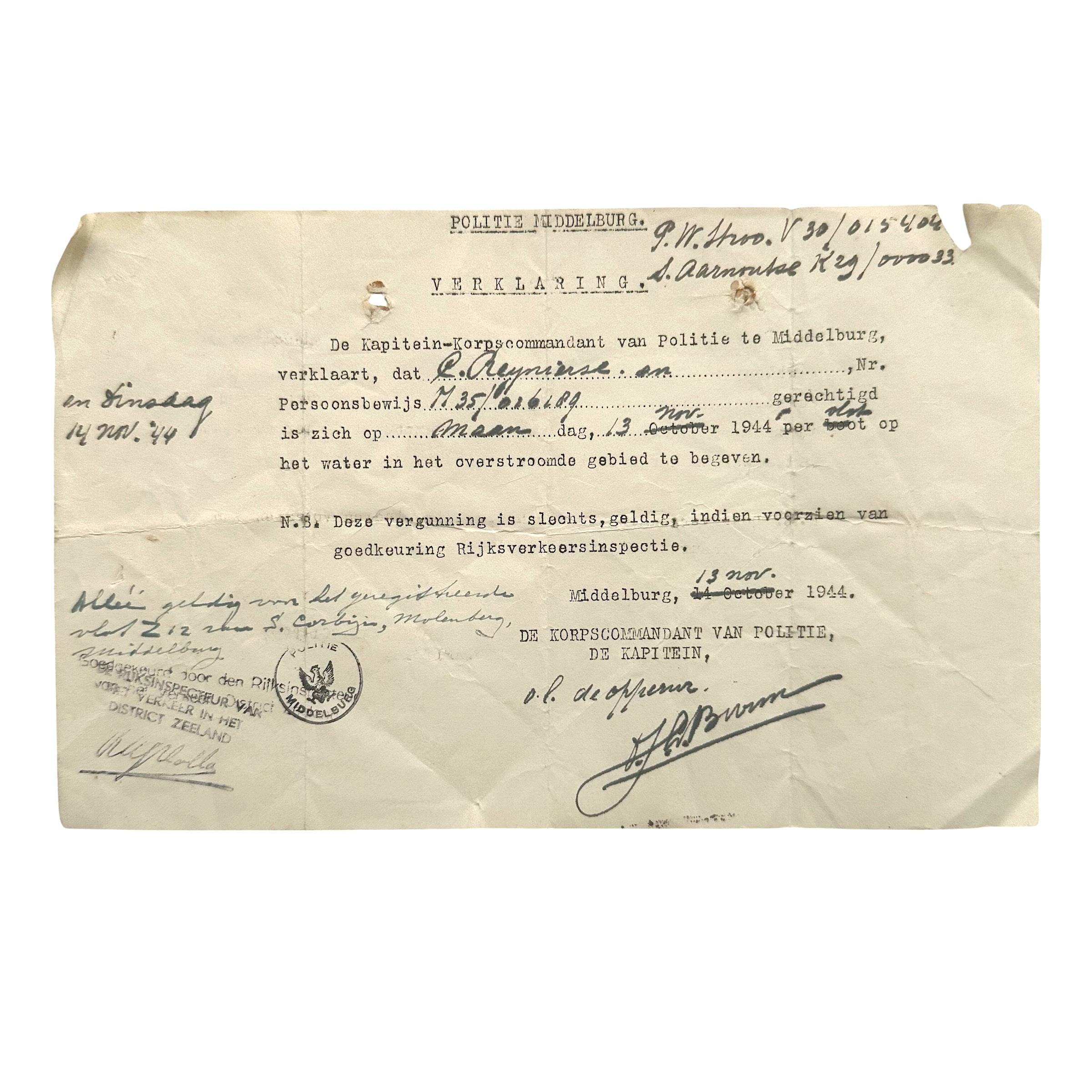 Origineel WWII Nederlands Politie Middelburg document 1944 bootvergunning overstroomd Walcheren Zeeland Rijksverkeersinspectie