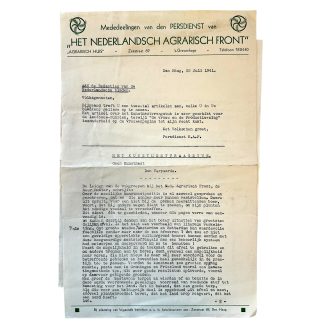 Briefpapier van de Persdienst van Het Nederlandsch Agrarisch Front, gedateerd 22 Juli 1941
