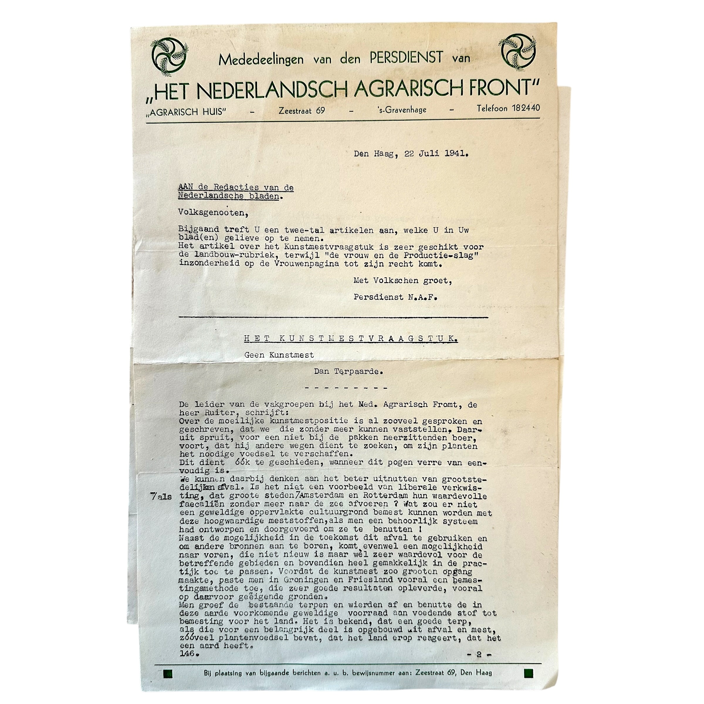 Briefpapier van de Persdienst van Het Nederlandsch Agrarisch Front, gedateerd 22 Juli 1941