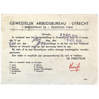 Originele Nederlandse oproepkaart Arbeitseinsatz, Gewestelijk Arbeidsbureau Utrecht, 1943