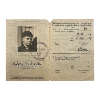 Original WWII German Angelkarte fishing permit occupied Poland 1941 Adam Piasecki portrait photo German stamps 1944 renewal.