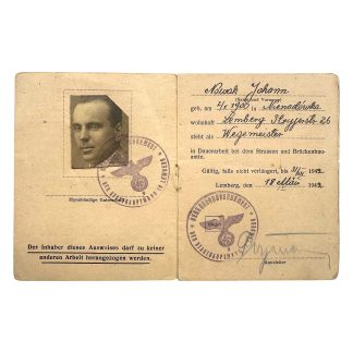 Original WWII German Arbeitsausweis Lemberg 1942 – General Government District Galicia