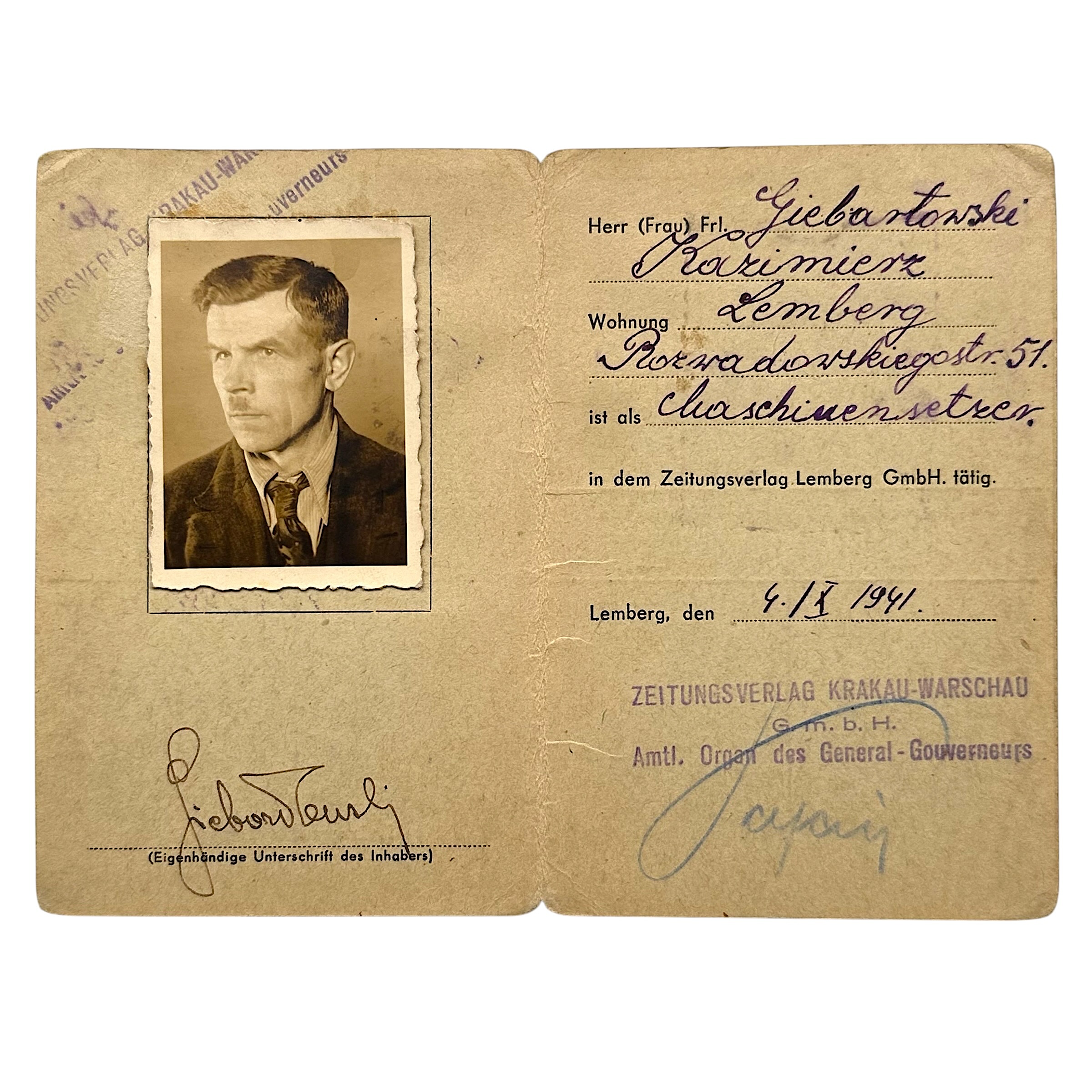 Original WWII German Ausweis – Kozimierz Lichotarski – Zeitungsverlag Lemberg – General Government 1941-1944