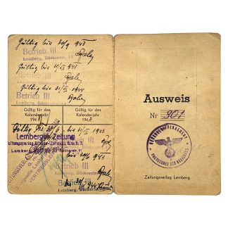 Original WWII German Ausweis – Kozimierz Lichotarski – Zeitungsverlag Lemberg – General Government 1941-1944