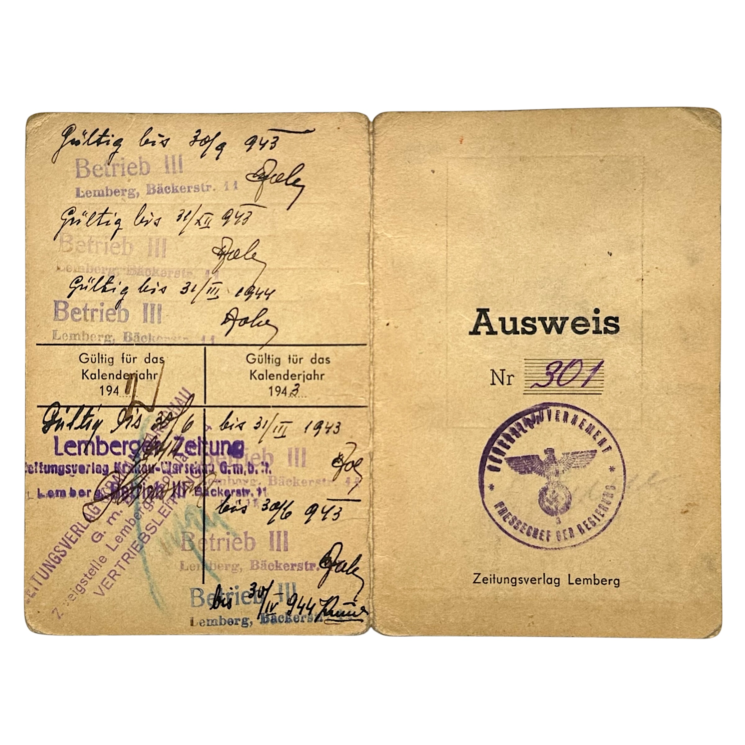 Original WWII German Ausweis – Kozimierz Lichotarski – Zeitungsverlag Lemberg – General Government 1941-1944