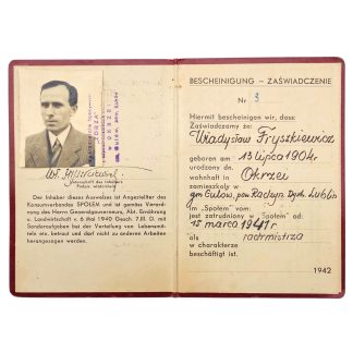 Origineel Duits Bescheinigung document uit bezet Polen met pasfoto, 1942
