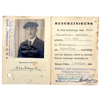 Geopend Duits document met pasfoto, naam Madeyski en stempels uit bezet Polen