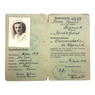 Original WWII German Dienstausweis 1943 Irena Joniec Zagnańsk Forstinspektion Kielce typist portrait photo occupied Poland.