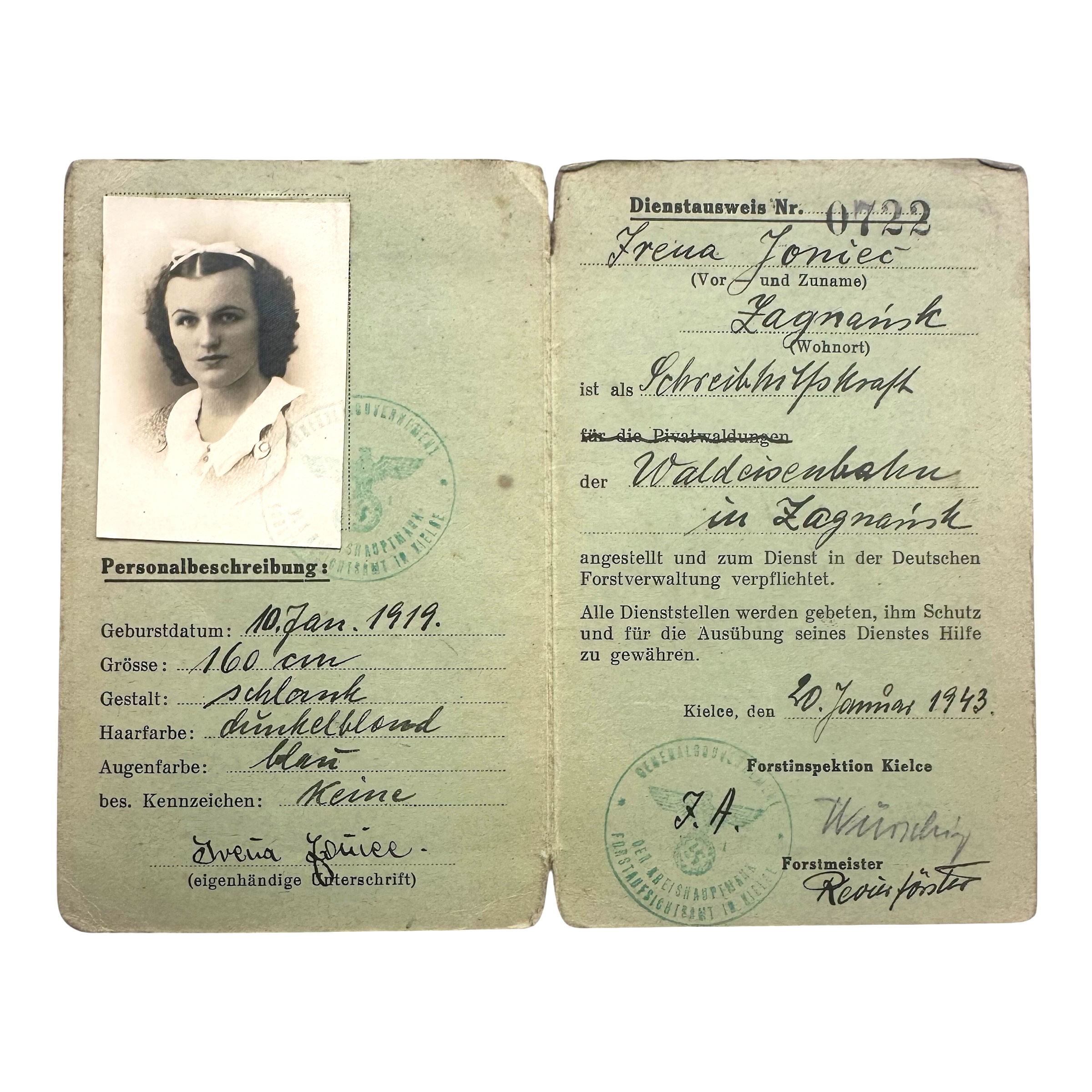Original WWII German Dienstausweis 1943 Irena Joniec Zagnańsk Forstinspektion Kielce typist portrait photo occupied Poland.
