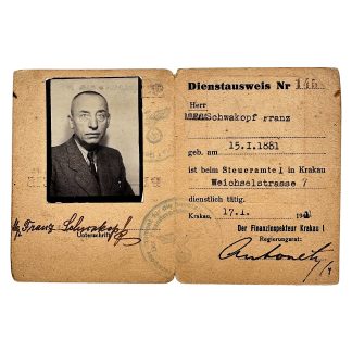Rare WWII German Dienstausweis of Franz Schwakopf, employed at Steueramt I Krakow and issued by Finanzinspekteur Krakau I on 17 January 1941.
