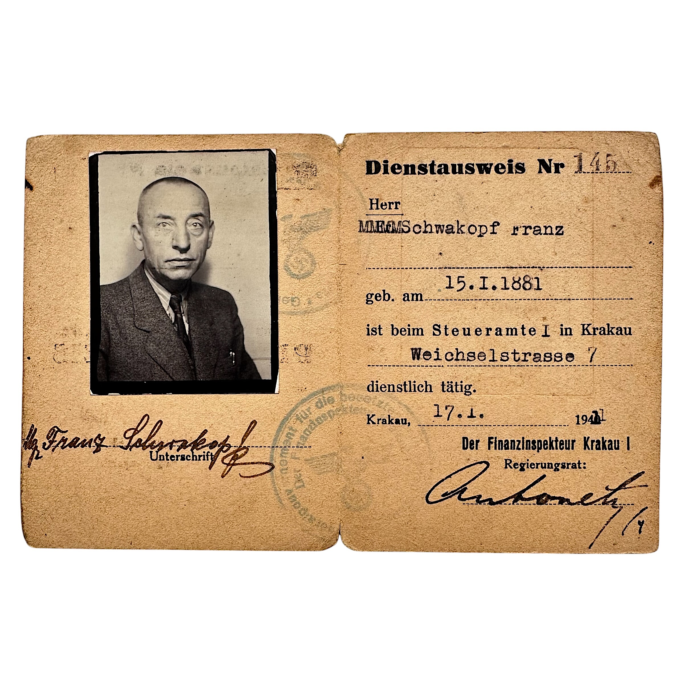 Rare WWII German Dienstausweis of Franz Schwakopf, employed at Steueramt I Krakow and issued by Finanzinspekteur Krakau I on 17 January 1941.