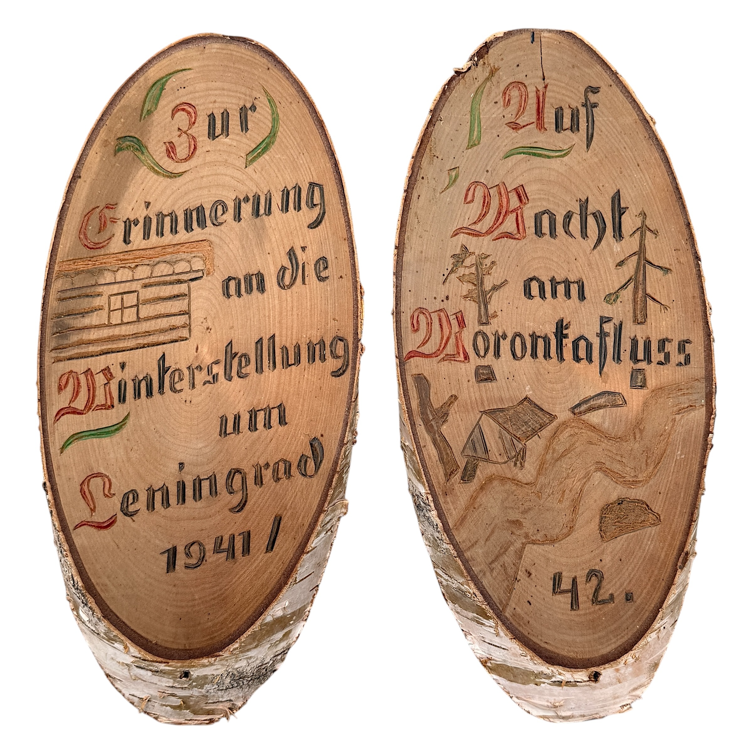 Original WWII German Eastern Front trench art wooden plaques Leningrad 1941 and Woronta River 1942, handmade Wehrmacht front art.