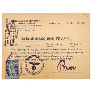 Origineel WOII Erlaubnisschein document uit bezet Krakau, 1942