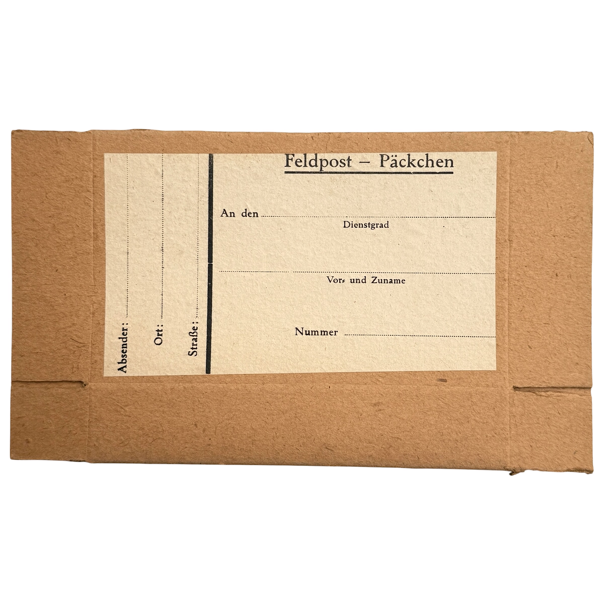 Origineel WWII Duits Feldpost Päckchen kartonnen doosje in ongebruikte mint conditie met blanco verzendlabel voor Duitse militaire veldpost