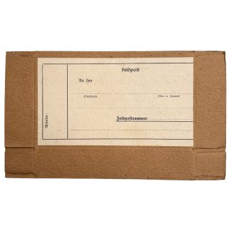 Original WWII German Feldpost cardboard parcel box in unissued mint condition with blank Feldpost number address label for military field post.