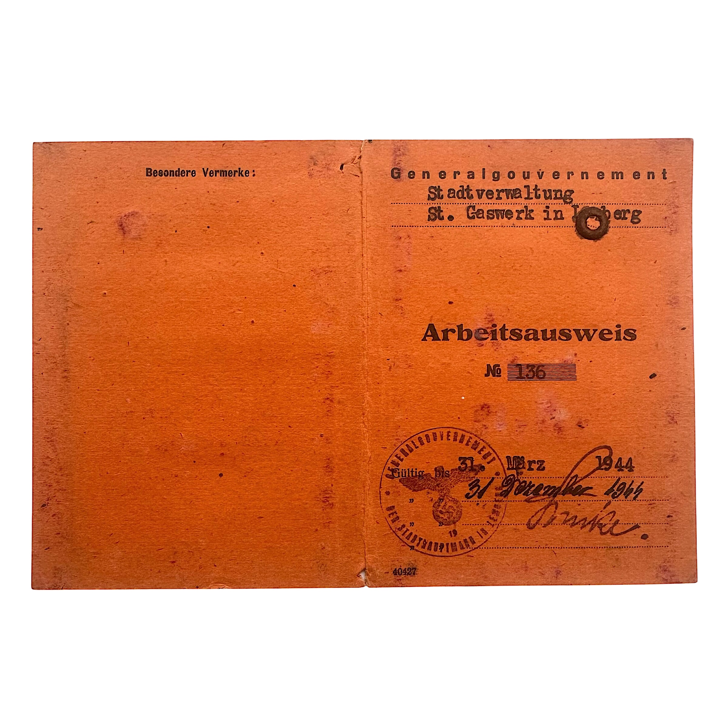 Original WWII German General Government Arbeitsausweis Lemberg 1944 – Joseph Smalarz