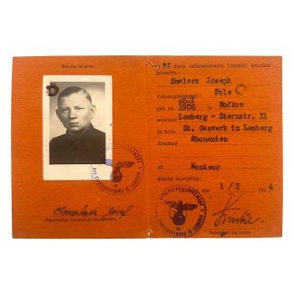 Original WWII German General Government Arbeitsausweis Lemberg 1944 – Joseph Smalarz