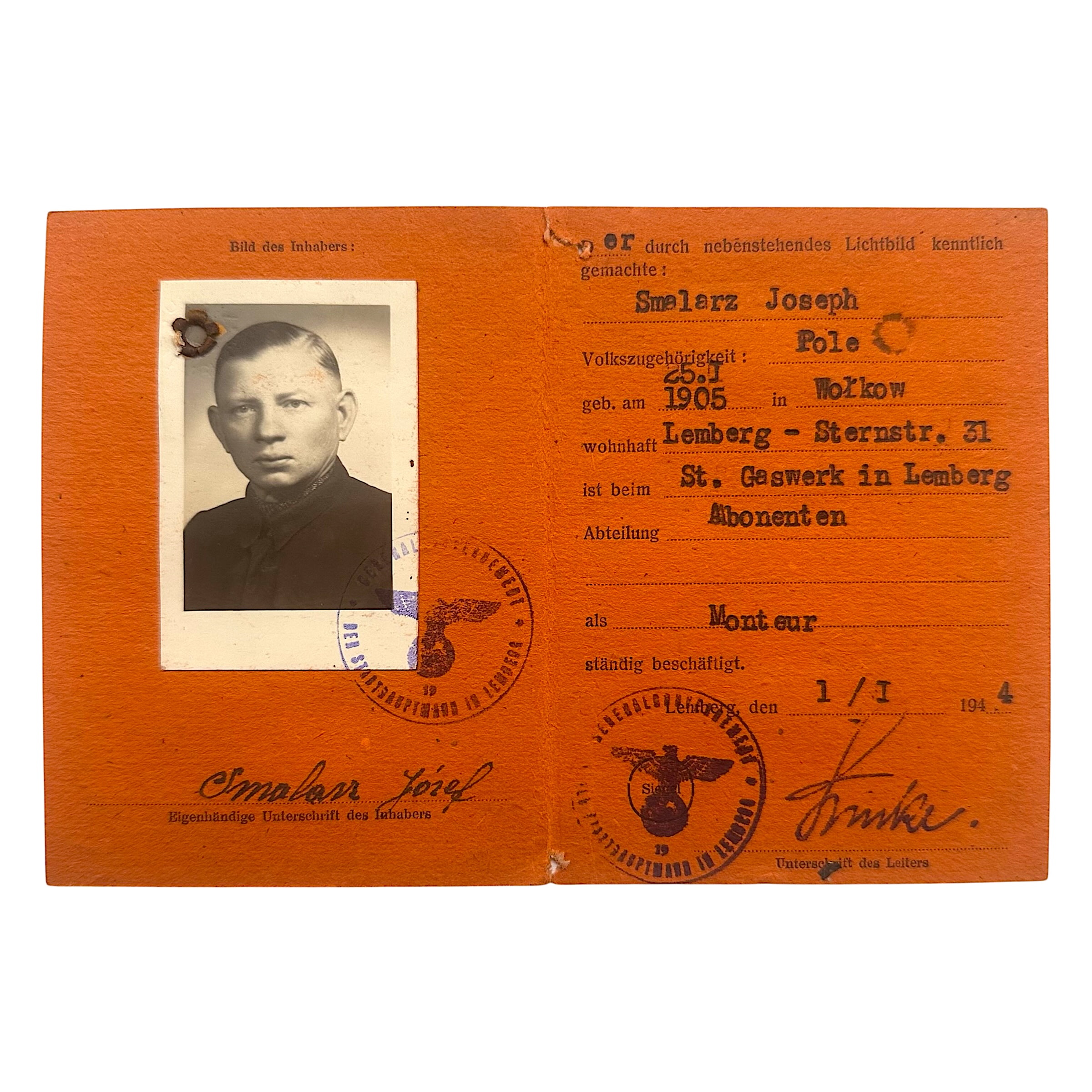 Original WWII German General Government Arbeitsausweis Lemberg 1944 – Joseph Smalarz