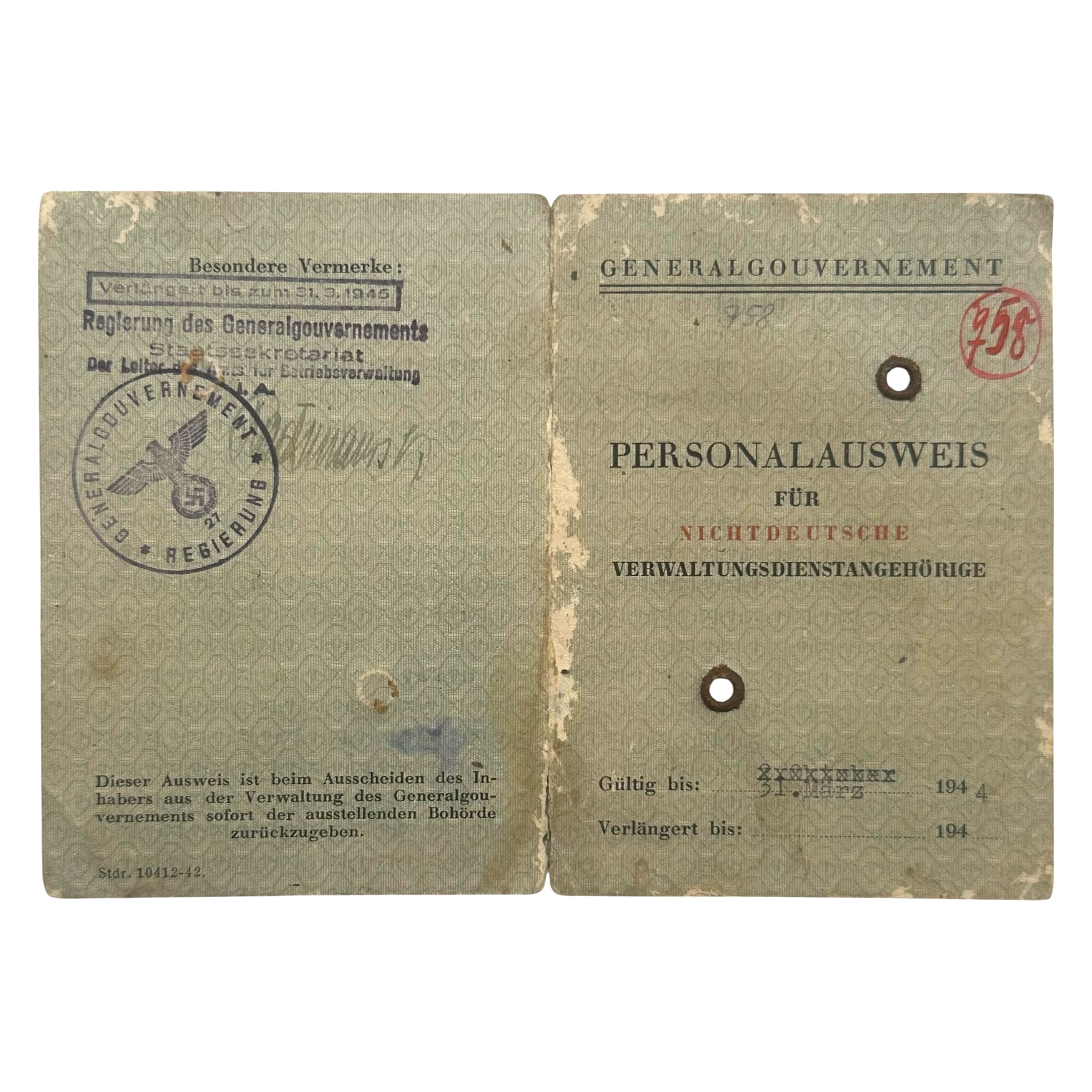 Original WWII German General Government Personal Ausweis – Maria Wielgus Krakau 1943