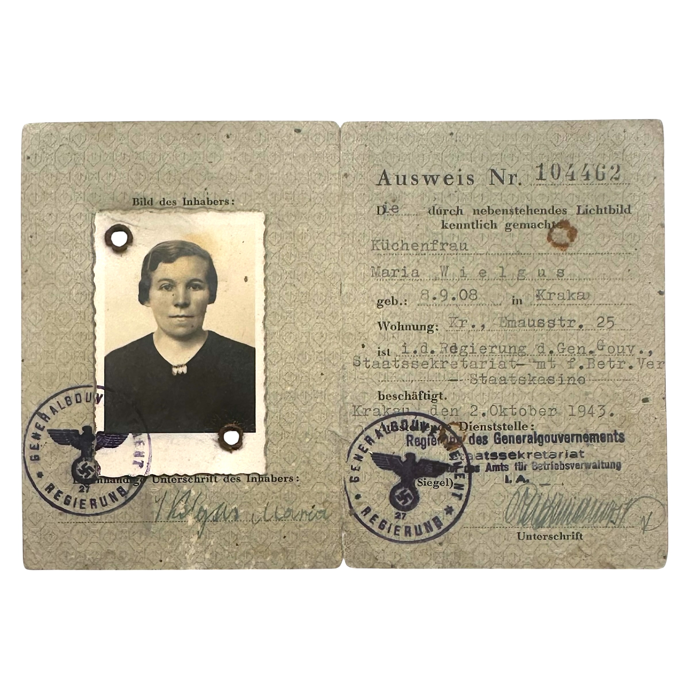 Original WWII German General Government Personal Ausweis Maria Wielgus Krakau 1943 non-German administration employee occupied Poland.