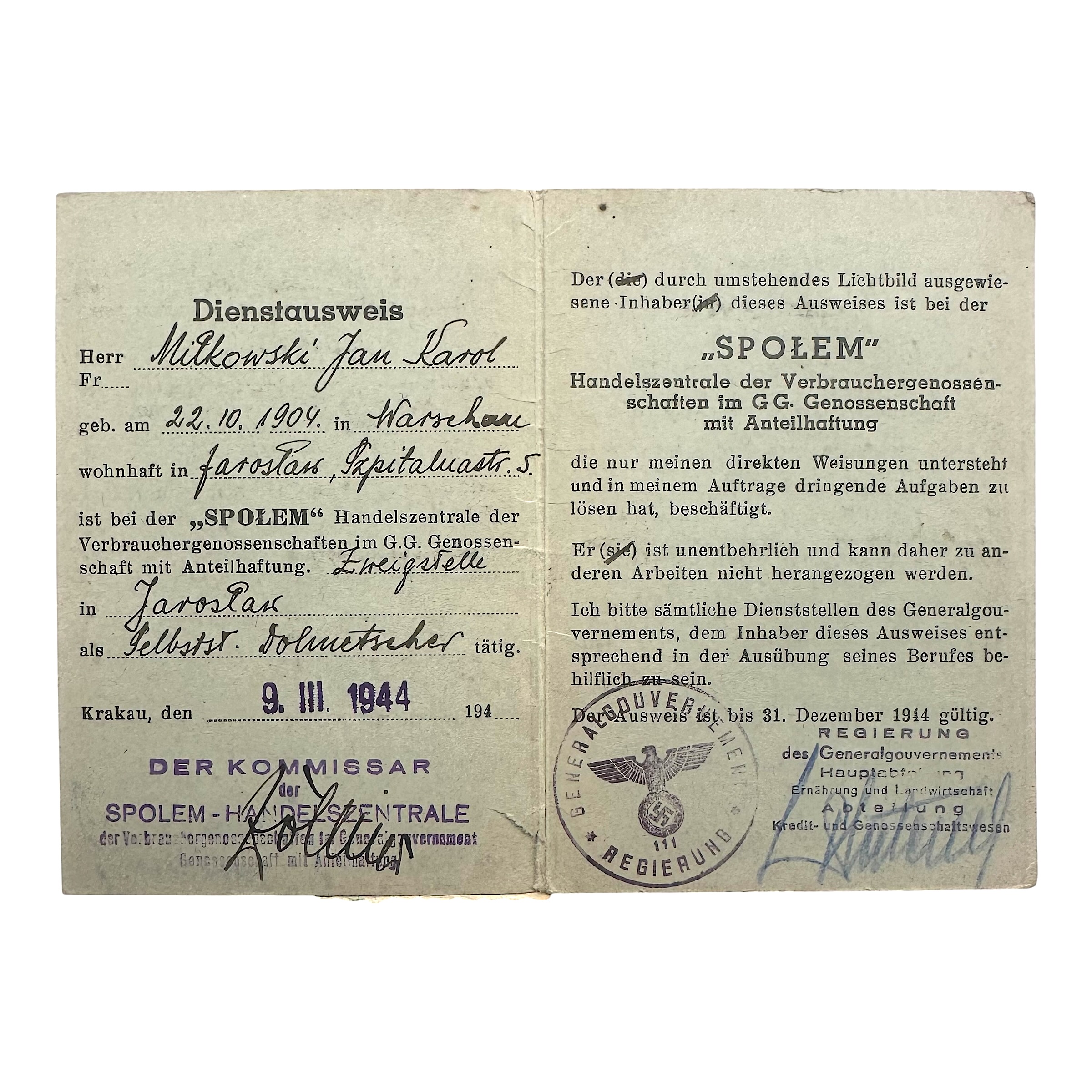 Original WWII German General Government SPOLEM Dienstausweis 1944 – Jan Karol Milkowski Jaroslaw