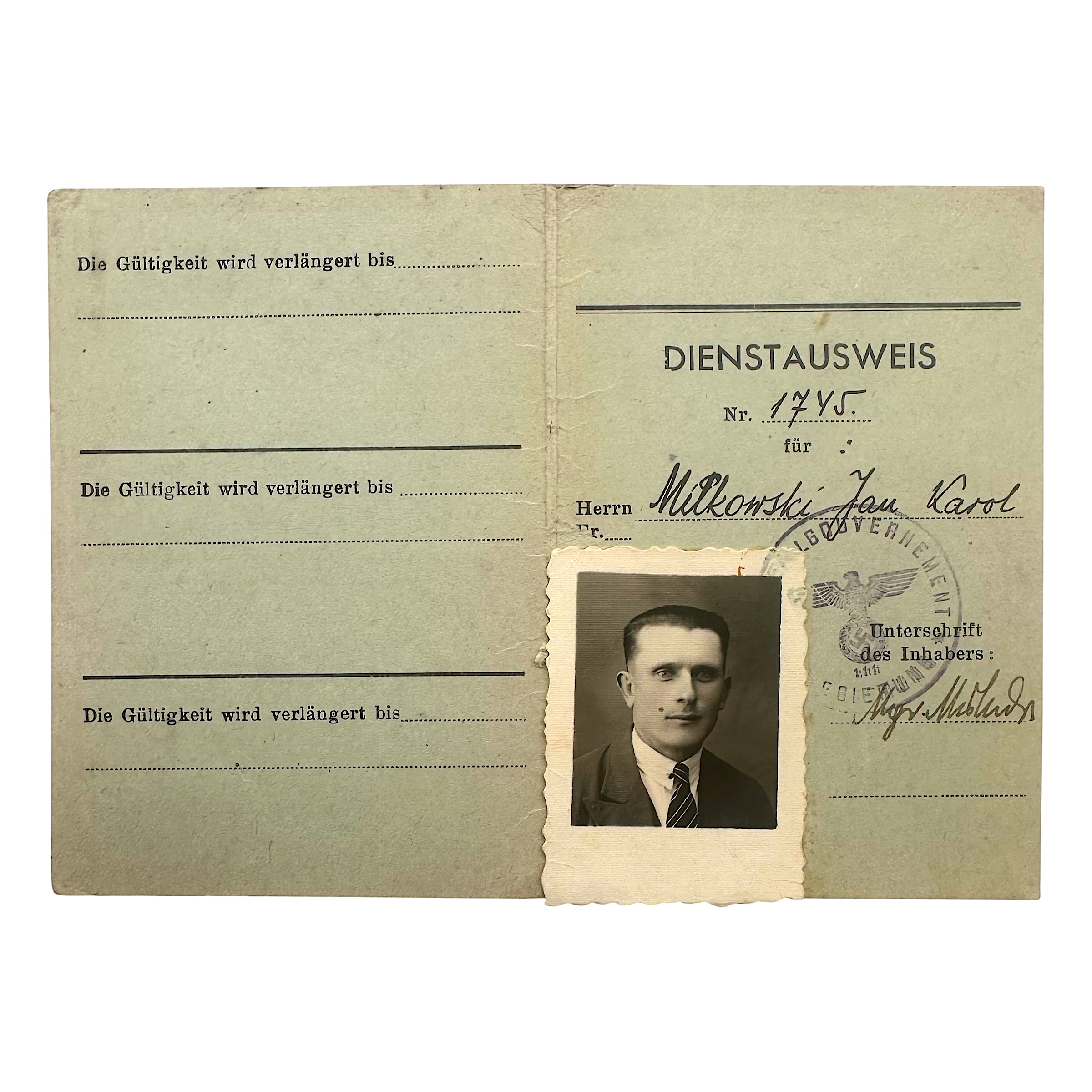 Original WWII German General Government Dienstausweis 1944 Jan Karol Milkowski SPOLEM Jaroslaw occupied Poland photo and stamps