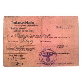 5. Original WWII German Tankausweiskarte General Government occupied Poland Pulawy fuel ration card number 35558 German official stamp