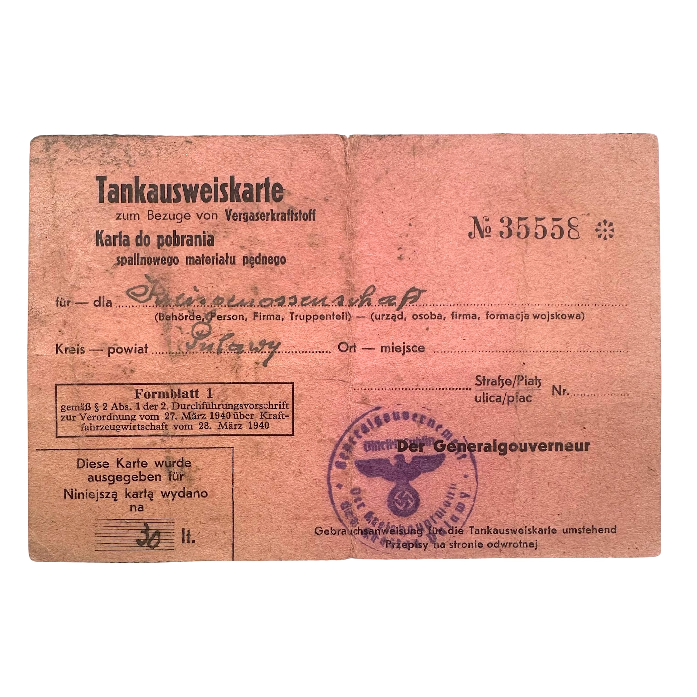 5. Original WWII German Tankausweiskarte General Government occupied Poland Pulawy fuel ration card number 35558 German official stamp