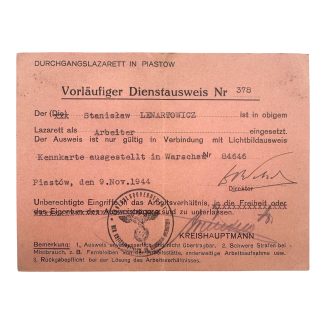Original WWII German General Government Temporary Dienstausweis – Piastów 1944