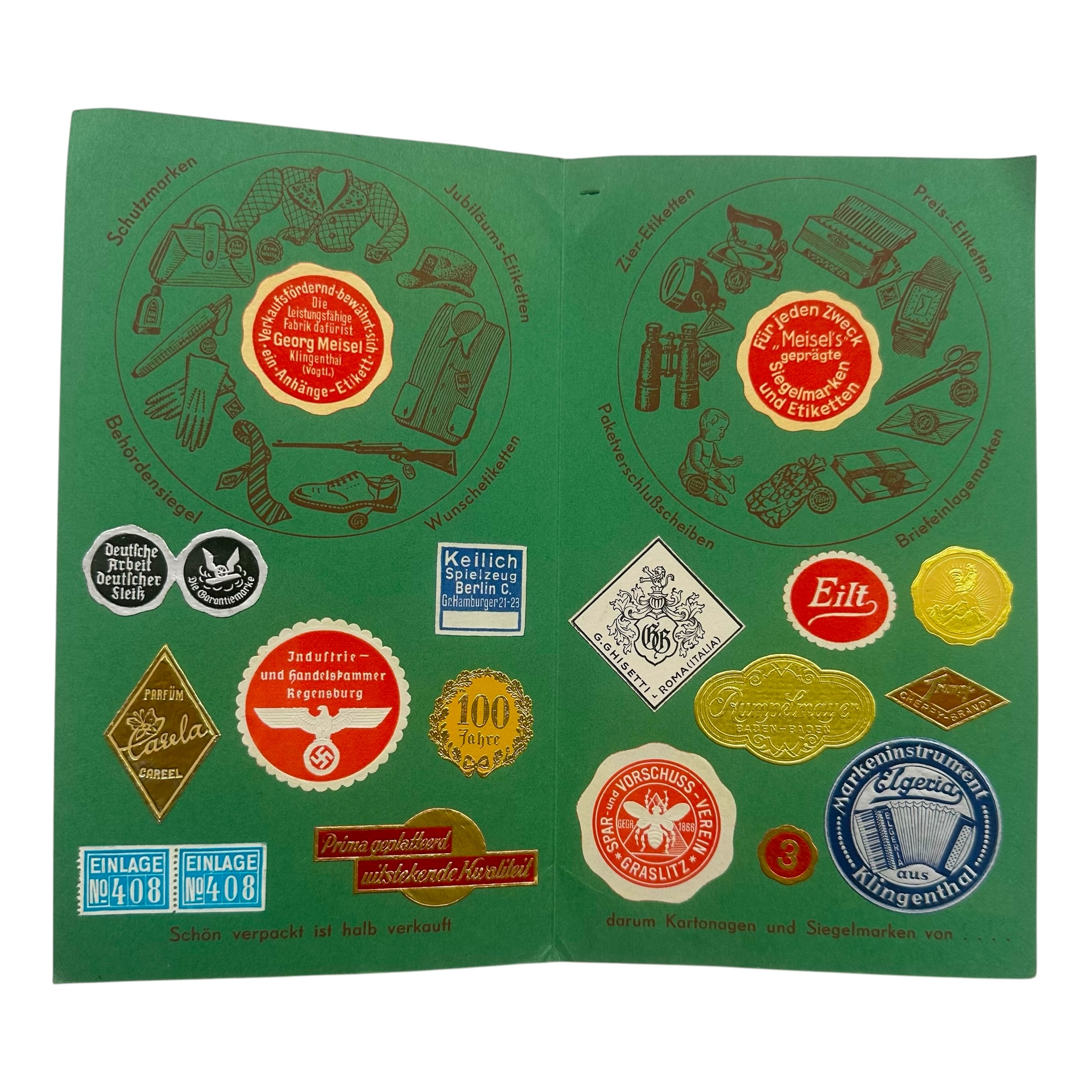 Original WWII German Georg Meisel Klingenthal advertising brochure with embossed seals labels packaging trademarks and swastika.