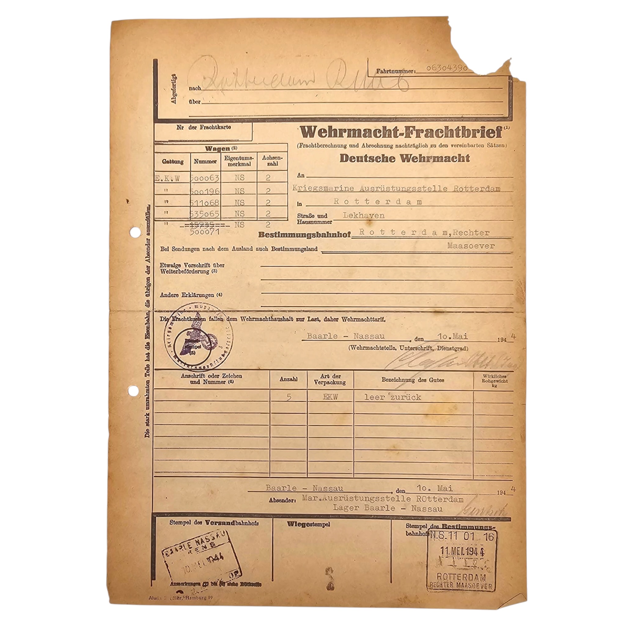 Original WWII German Kriegsmarine Wehrmacht Freight Document Rotterdam – Baarle-Nassau 1944