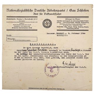 Origineel NSDAP document van het Amt für Volkswohlfahrt, gedateerd Rzeszow 1940