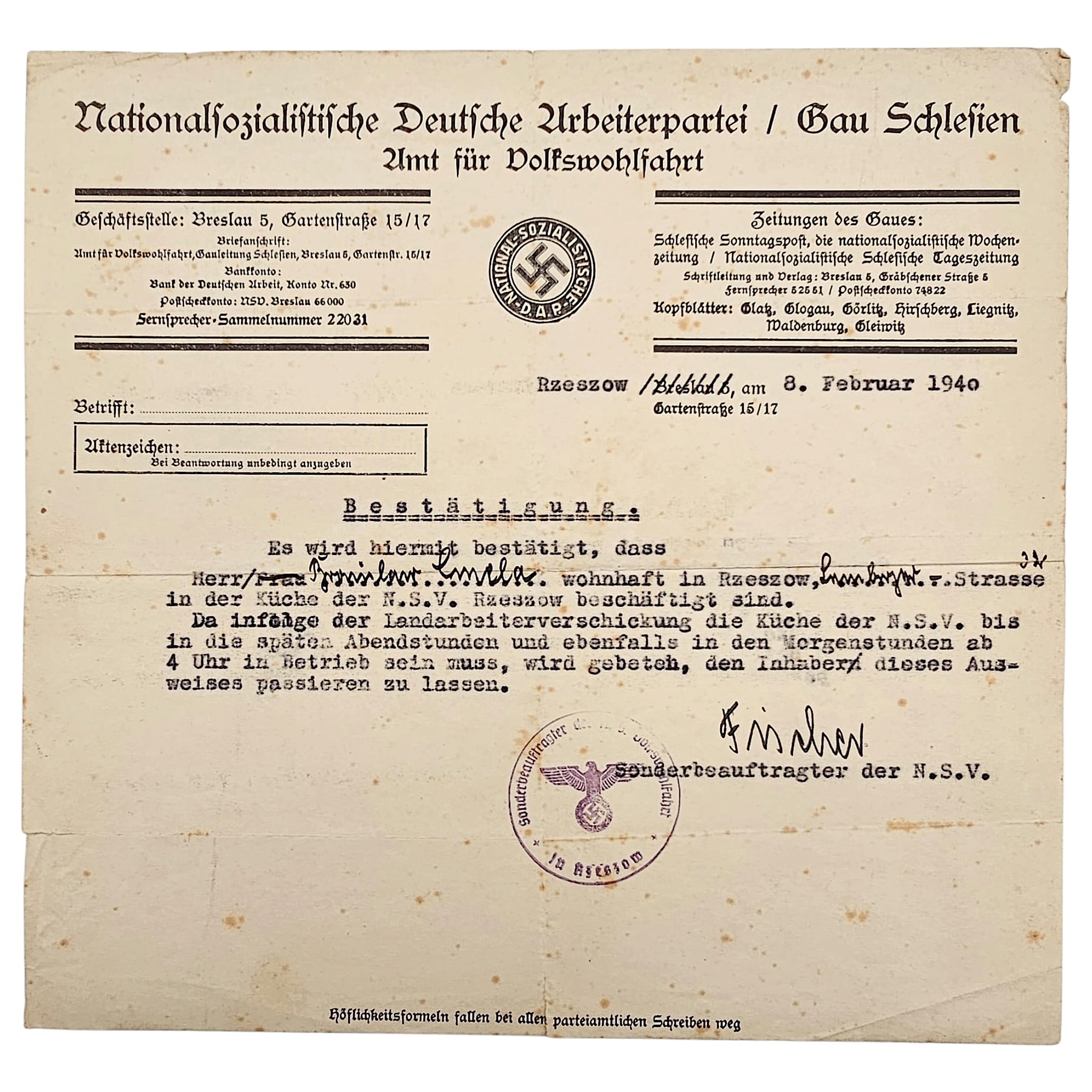 Origineel NSDAP document van het Amt für Volkswohlfahrt, gedateerd Rzeszow 1940