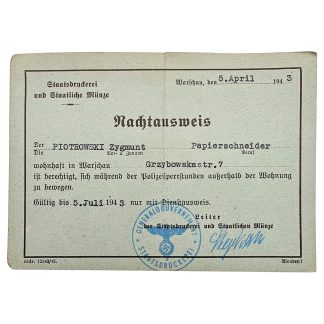 Origineel Duits Nachtausweis uit bezet Warschau, gedateerd 1943