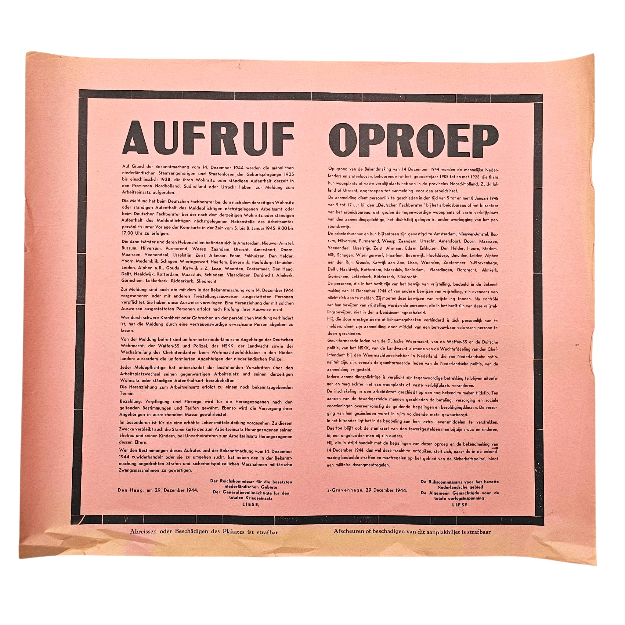 Originele WWII Duitse bezettingsposter 'Aufruf Oproep' Den Haag 29 december 1944 Arbeitseinsatz Nederland Duitse bezetting