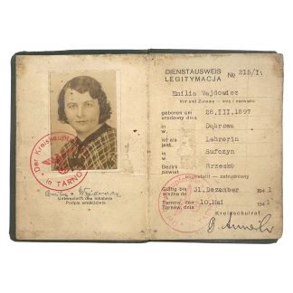 Original WWII German Dienstausweis teacher Emilia Wajdowicz Tarnow 1941 occupied Poland portrait photo German stamps and signature.