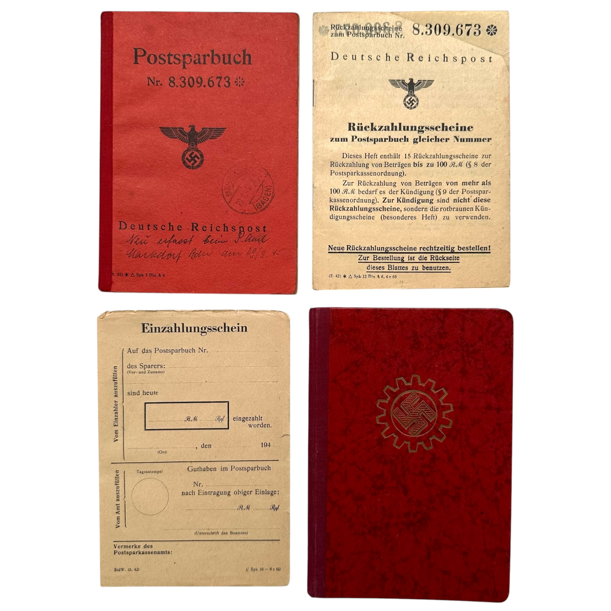 Original WWII German Annemarie Poschinger set with Reichspost Postsparbuch Ludwigshafen Mainz and Deutsche Arbeitsfront DAF membership book