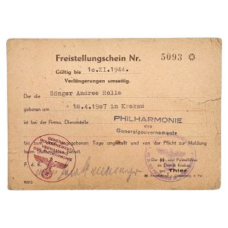 Origineel WWII Duits Freistellungschein, SS- und Polizeiführer im Distrikt Krakau