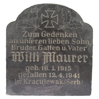 Original WWII German gravestone Willi Maurer killed 12 April 1941 in Kragujevac Serbia with Iron Cross, German Balkan Campaign.