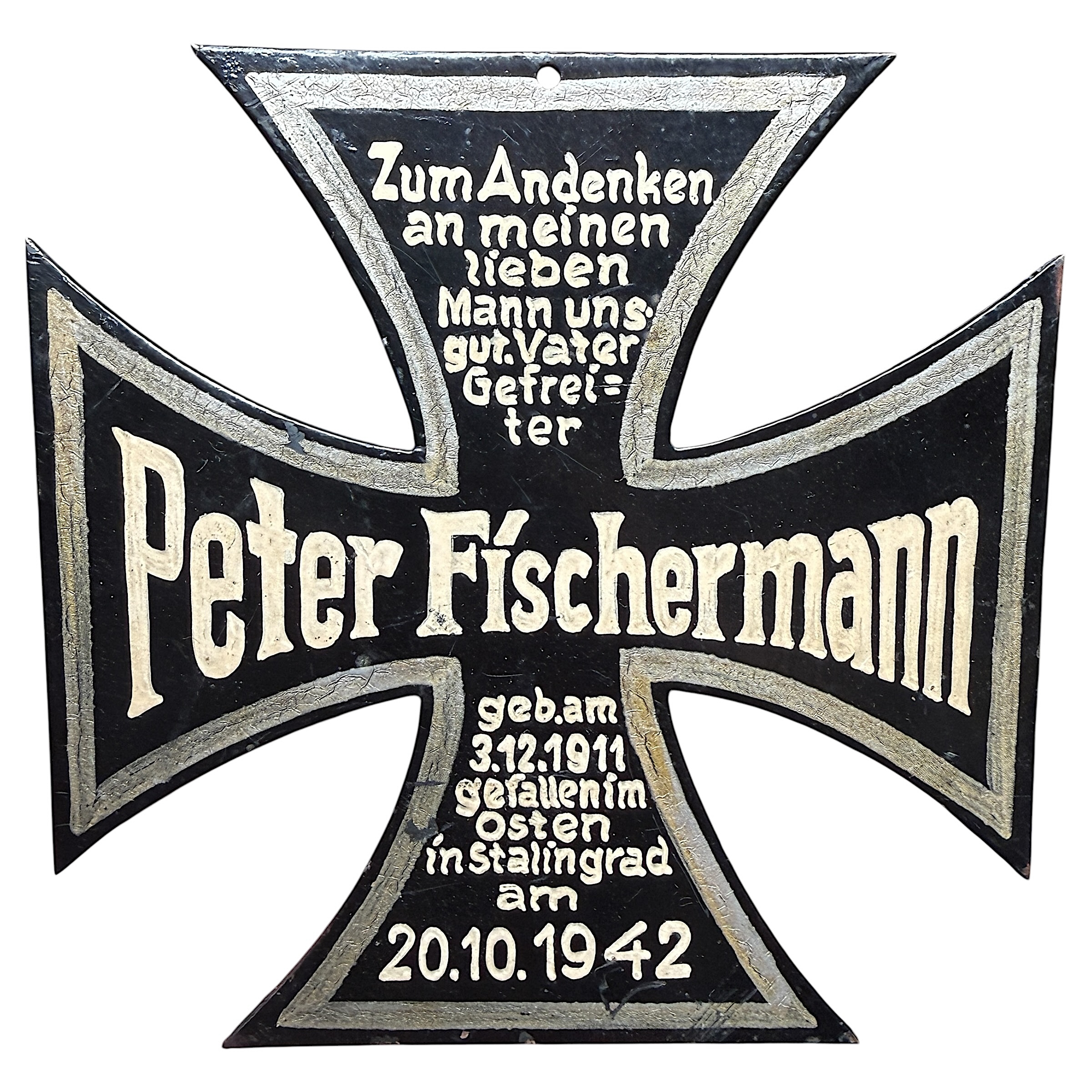 Origineel WWII Duits grafkruis Stalingrad 1942, gewijd aan Gefreiter Peter Fischermann