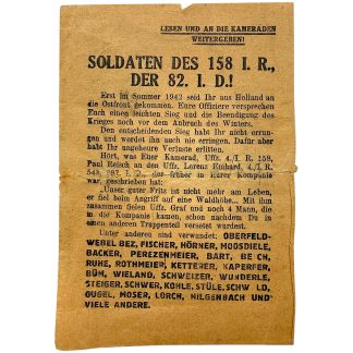 Origineel WWII Sovjet-Russisch propagandapamflet gericht aan soldaten van 158 I.R., 82. I.D.