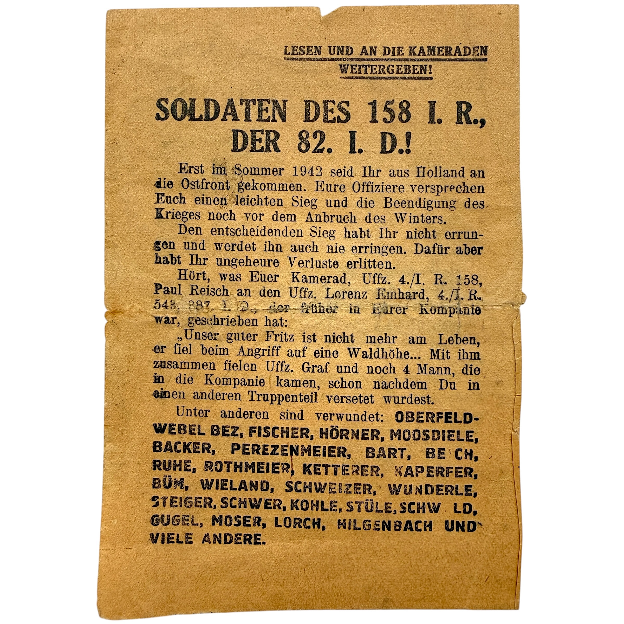 Origineel WWII Sovjet-Russisch propagandapamflet gericht aan soldaten van 158 I.R., 82. I.D.