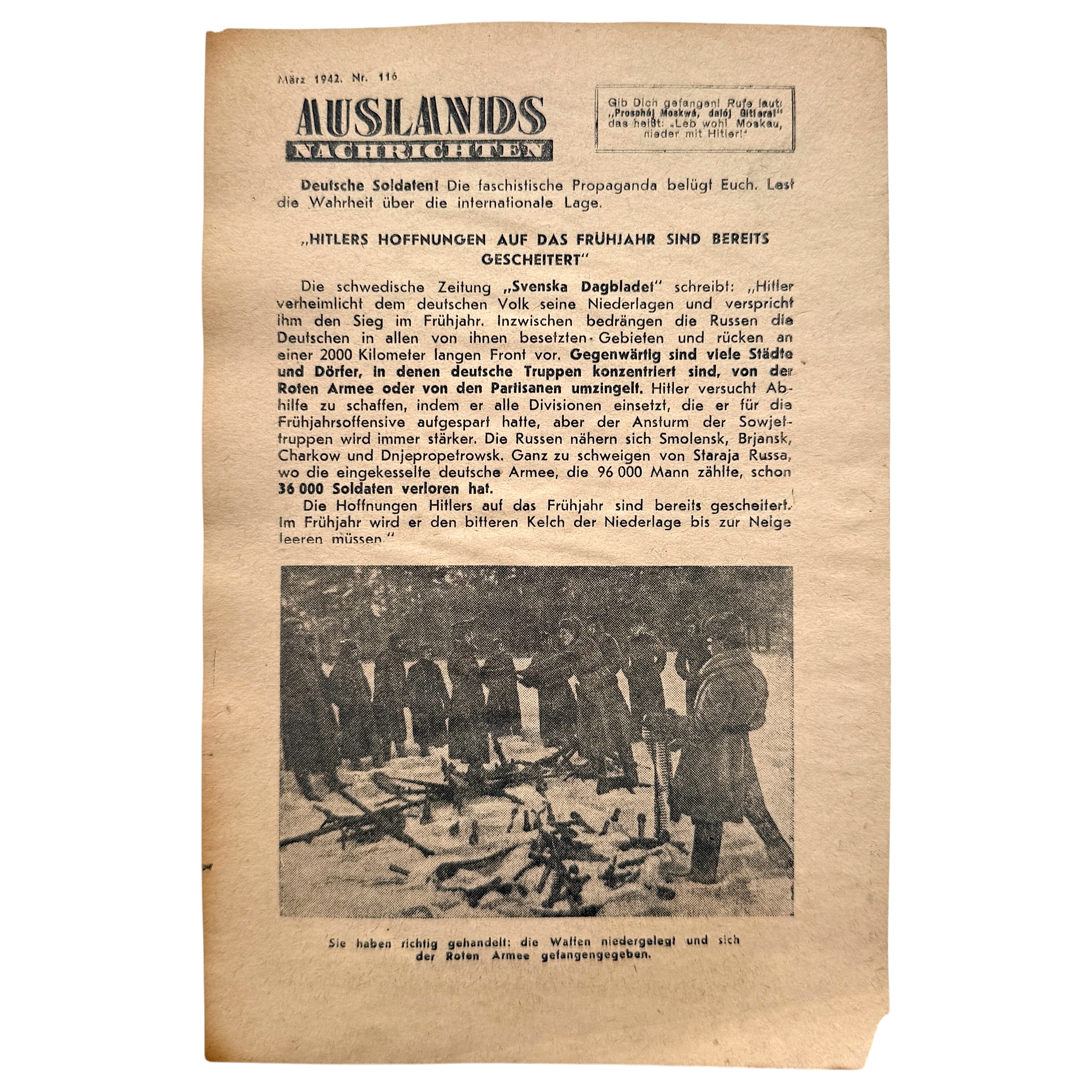 Origineel WWII Sovjet propagandapamflet 'Auslands-Nachrichten', Maerz 1942