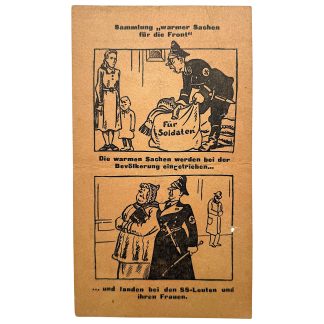 Origineel WWII Sovjet propagandapamflet met spotprent over inzameling 'warme sachen'