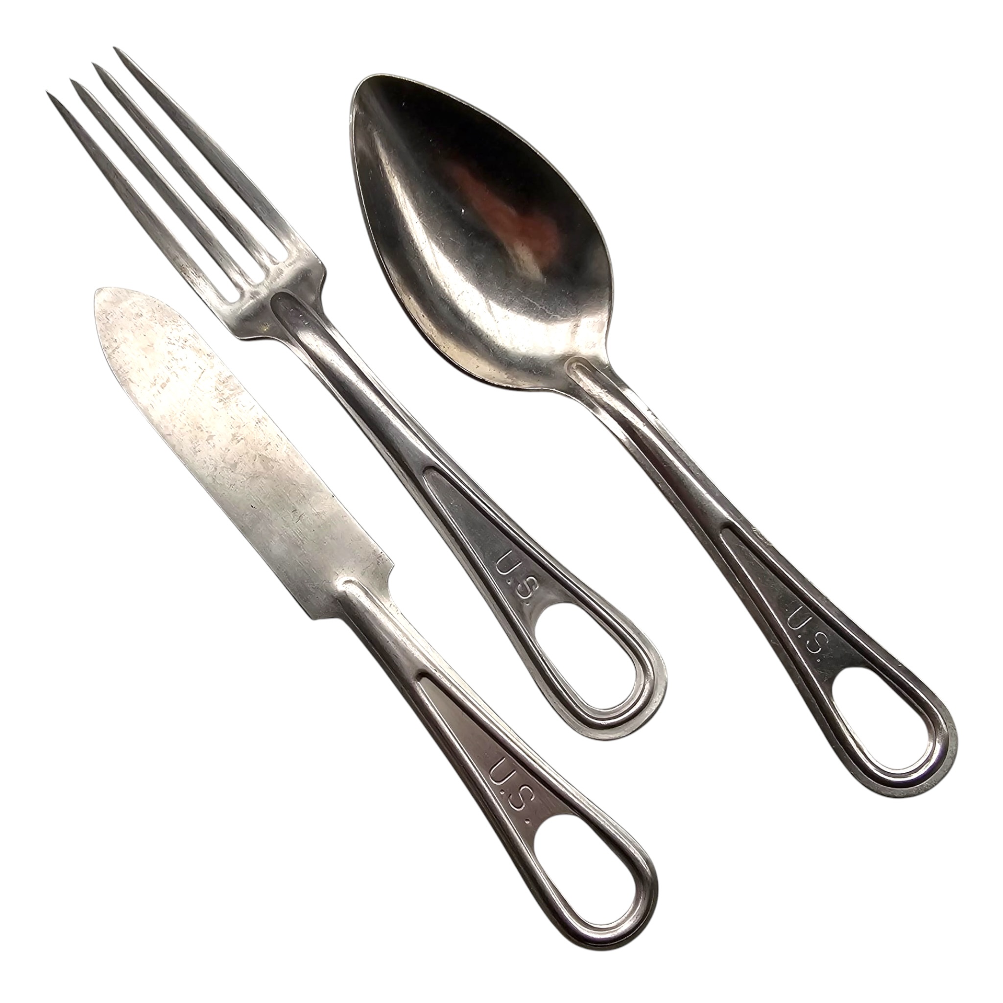 Origineel WWII Amerikaans mess kit bestek: vork, mes en lepel, U.S. gemarkeerd