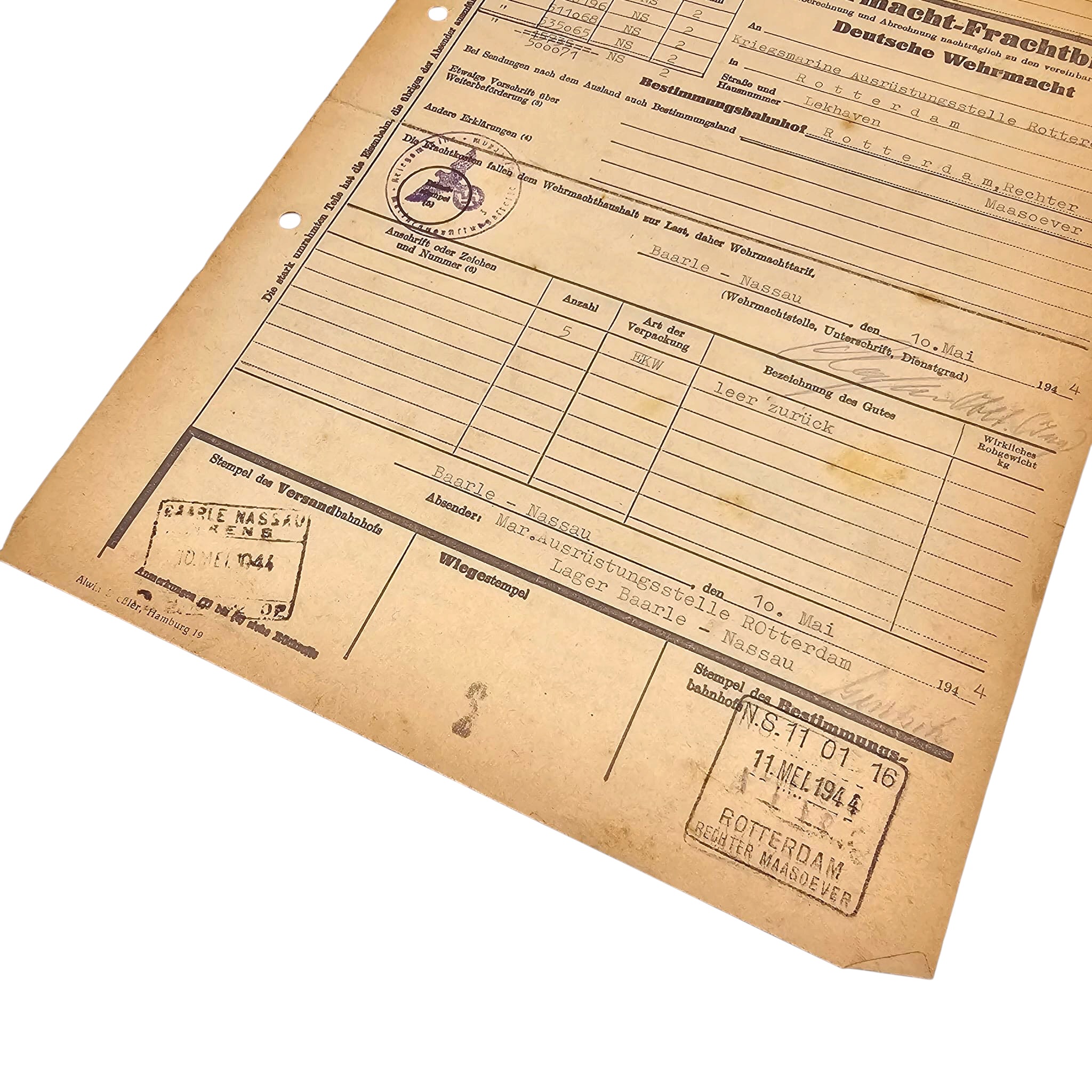Original WWII German Kriegsmarine Wehrmacht Freight Document Rotterdam – Baarle-Nassau 1944