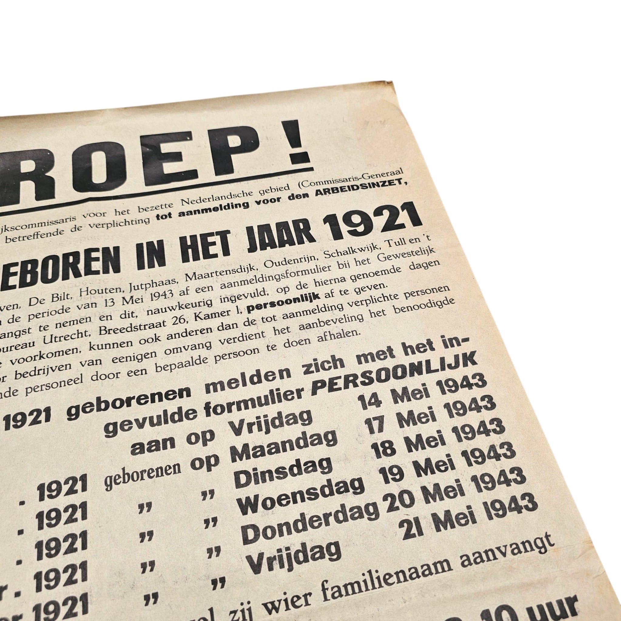 Original WWII Dutch Arbeitseinsatz Registration Poster – Utrecht May 1943 – Men Born 1921 - Afbeelding 4