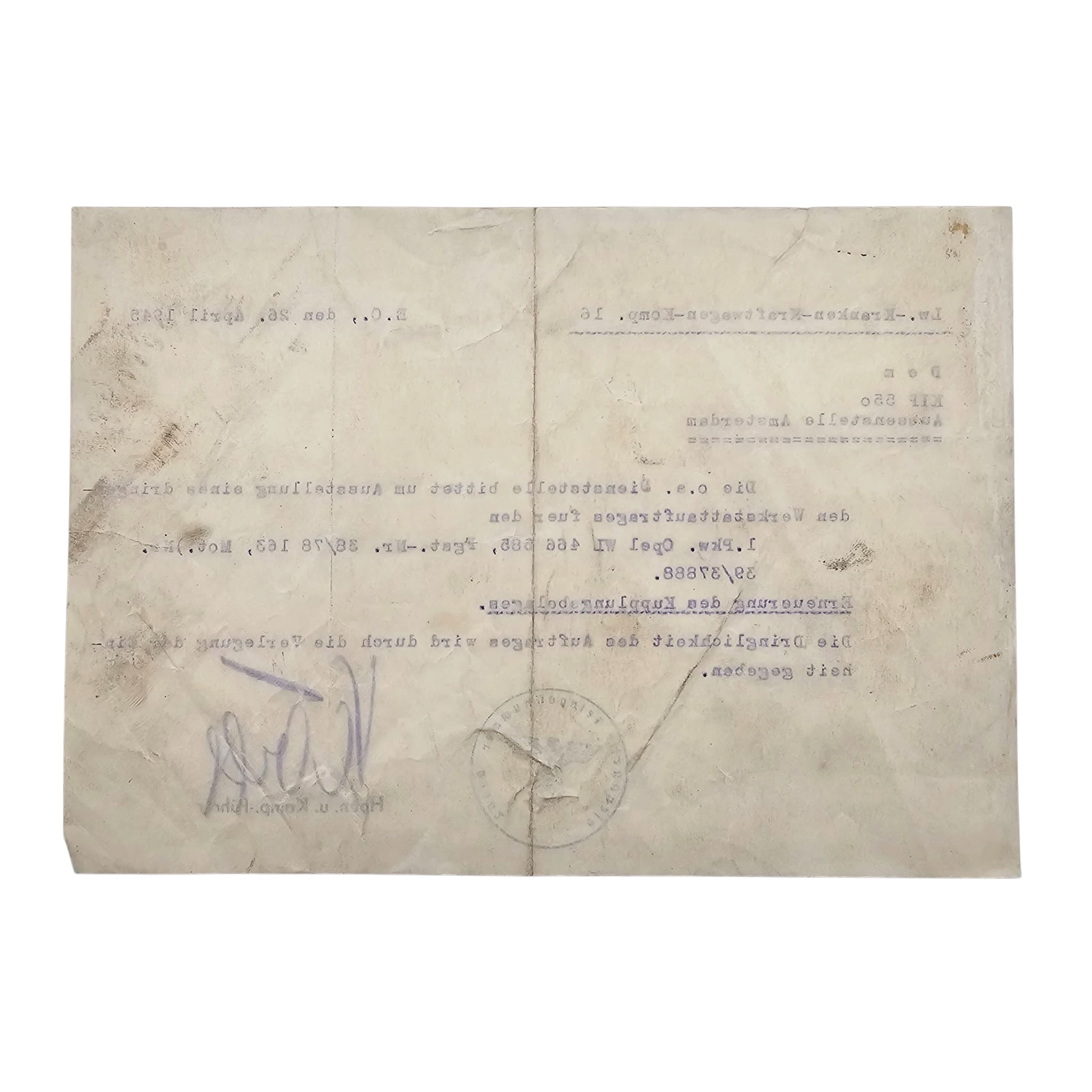 Original WWII German Luftwaffe Workshop Order Document 1945 Amsterdam - Afbeelding 2