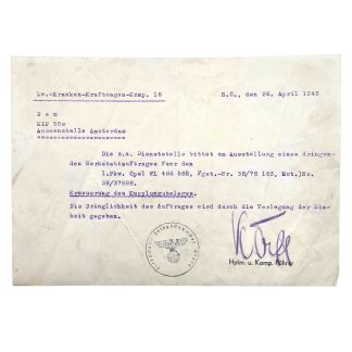 Origineel Duits Luftwaffe werkstattauftrag document, gedateerd 26 april 1945