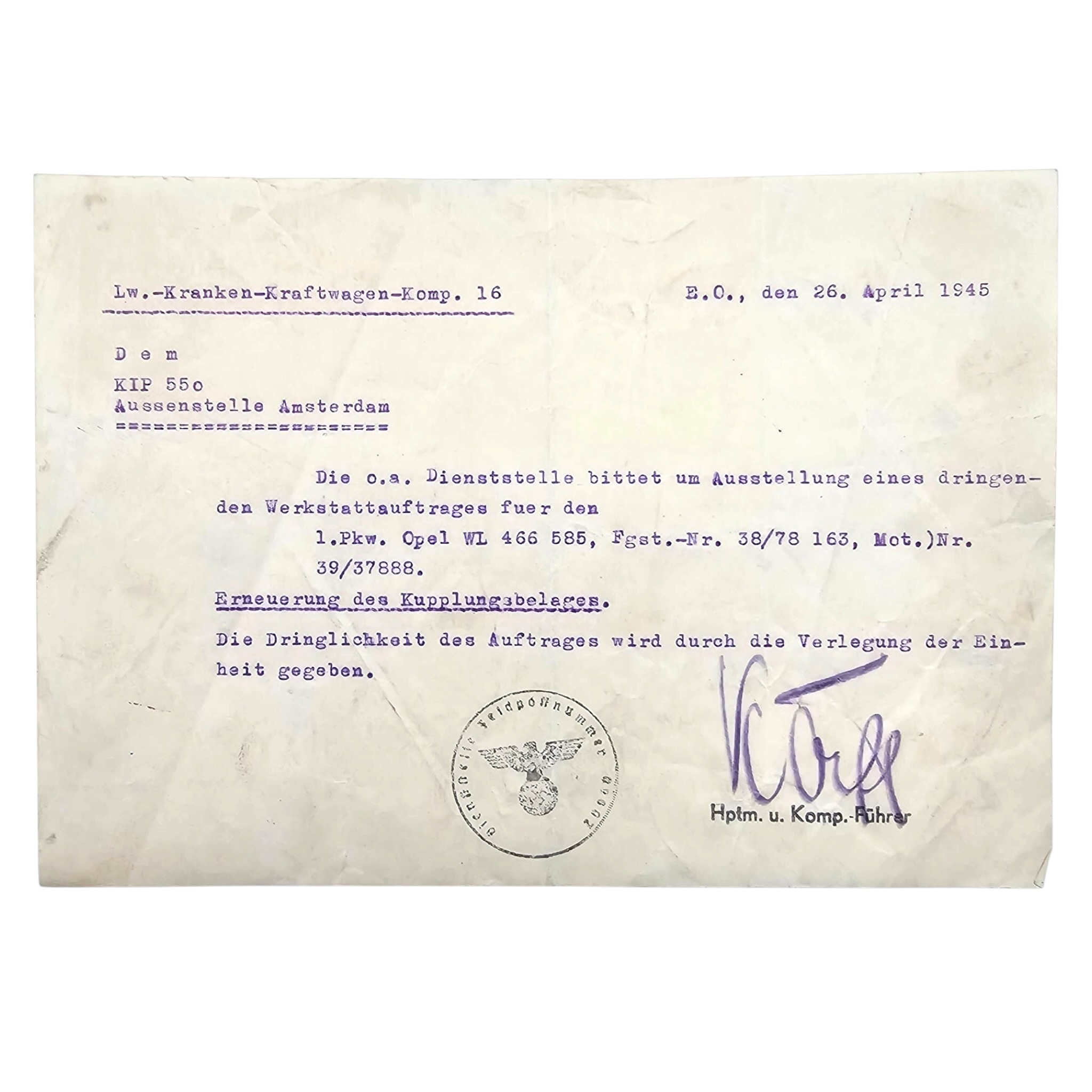Origineel Duits Luftwaffe werkstattauftrag document, gedateerd 26 april 1945